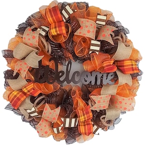 Fall Thanksgiving Deco Mesh Front Door Wreath, Orange Brown Burlap Wreath for Fall : F3