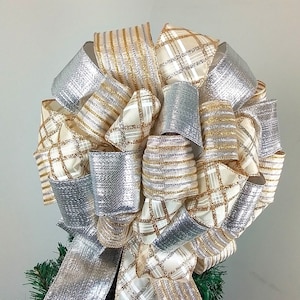 Silver & Gold Tree Topper Bow, Lantern Topper, Large Oversized Present or Gift Bow