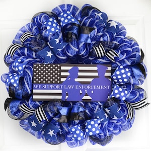 Police Officer Door Wreath, Hero Law Enforcement Support Decor, Blue Black White