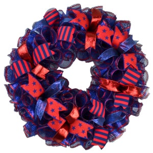 Fourth of July Patriotic Wreath for Front Door, Gift for Military Family, Red, Navy Blue Metallic Indoor and Outdoor Wreath