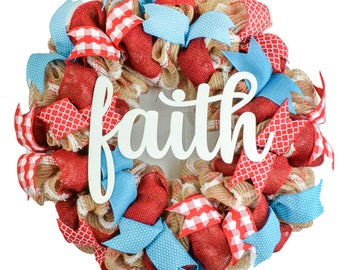 Red and Turquoise Faith Wreath | Welcome Jute Burlap Spring Wreath