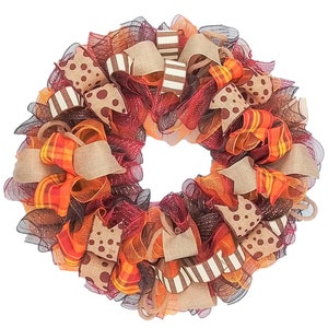 Fall Wreath, Thanksgiving Wreath, Burlap Front Door Wreath, Burgundy Brown and Orange, Fall Door Wreath, Thanksgiving Decor : F2