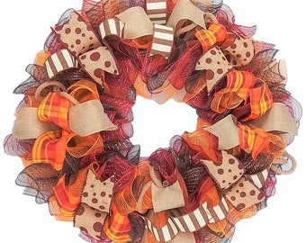 Fall Wreath, Thanksgiving Wreath, Burlap Front Door Wreath, Burgundy Brown and Orange, Fall Door Wreath, Thanksgiving Decor : F2