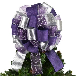 Purple and Silver Christmas Tree Topper Bow, Lantern Topper, Large Oversized Present or Gift Bow