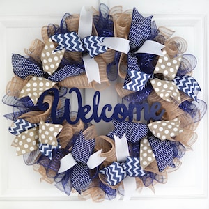 Navy Blue Everyday Wreath, Year Round Wreaths, Burlap Gifting Ideas, Mother's Day Gift, Birthday Door Wreath, White Door Wreath