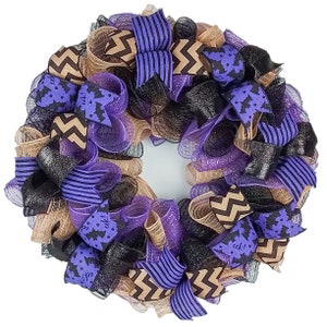 Festive Black Burlap Halloween Wreath - Purple Farmhouse Door Decor : H6