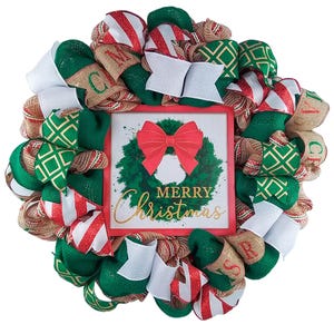 Merry Christmas Wreath, Xmas Holiday Decoration Front Door Wreaths, Jute Emerald Burlap Gold Glitter