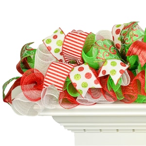 Bright Christmas Garland for Staircase or Mantle, Green Monster Garland, Fireplace Mantel Decor, TB23 Red Lime Green White, Fun Garland