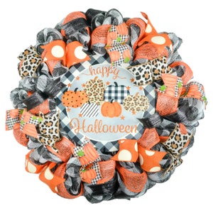 Cheetah Print Pumpkin Halloween Wreath, Beautiful Front Door Mesh Wreath, Black Orange White Decorations