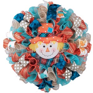 Colorful Fall Scarecrow Mesh Wreath for Thanksgiving Front Door Decor