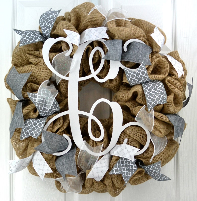 Grey and White Classic Everyday Burlap Monogram Door Wreath Etsy