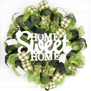 Home Sweet Home Wreath for Front Door, Green Black and White Everyday Mesh Wreath, Farmhouse Style Year Round Door Decor