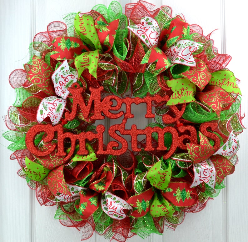 Red and Lime Green Traditional Mesh Christmas Front Door Wreath