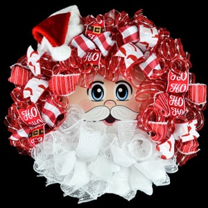 Santa Claus Wreath, Santa&#39;s Face Christmas Mesh Front Door Wreath, Whimsical Fun Christmas Wreaths ; White Red Beard Hat