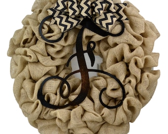 Monogram Wreaths for Front Door, Monogrammed Burlap Wreath, Monogram door wreath, Initial Gift, Rustic wedding decor, Letter wreath