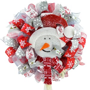 Grey Snowman Wreath - Silver Red White Snow Man Christmas Mesh Front Door Decorations - Winter Porch Decor