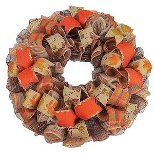 Fall Wreaths for Front Door, Burlap Autumn Wreath, Burlap Thanksgiving Wreath, Brown Fall Wreath, Deep Orange Wreath, Brown Orange : F4