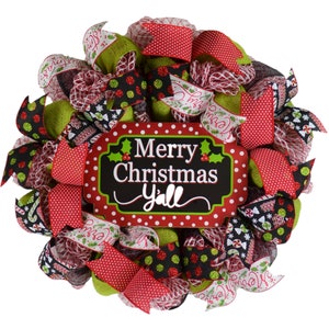 Merry Christmas Wreath, Merry Christmas Y&#39;all, Mesh Front Door Wreath, Red Green White Black