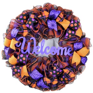 Welcome Halloween Wreaths, Mesh Outdoor Front Door Wreath, Friendly Halloween Decor, Black Orange Purple