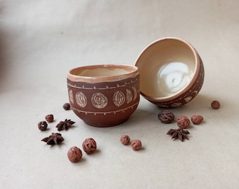 Fases lunares TAZA DE TÉ sin asa TAZA de cerámica simple sin esmaltar Taza de té ornamentada, taza redonda pequeña Taza de cacao grande de terracota Taza de yogur