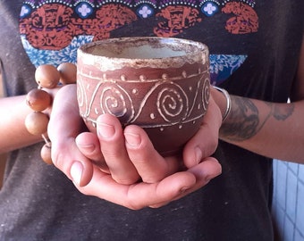 Handmade TEA CUP without handle Unglazed Simple Ceramic MUG Ornamented tea cup slavic pottery Terracotta Big Cacao Cup Yogurt cup