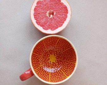 Grapefruit MUG Fruit mug Big cup Half of red cup Handmade Ceramic cup Artisan pottery Wide mug Funny cup Cute gift for a friend