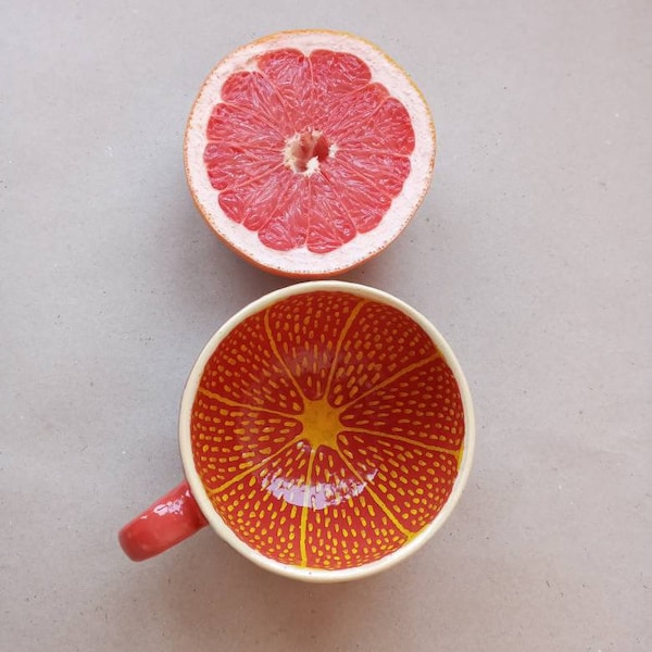 Grapefruit MUG Fruit mug Big cup Half of red cup Handmade Ceramic cup Artisan pottery Wide mug Funny cup Cute gift for a friend