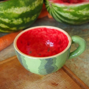 WATERMELLON TEA MUG Green & Red mug Fruit big cup Handmade Ceramic cup Artisan pottery Creative wide mug Funny cup Cute present for a friend