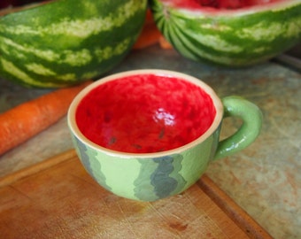 WATERMELLON TEA MUG Green & Red mug Fruit big cup Handmade Ceramic cup Artisan pottery Creative wide mug Funny cup Cute present for a friend