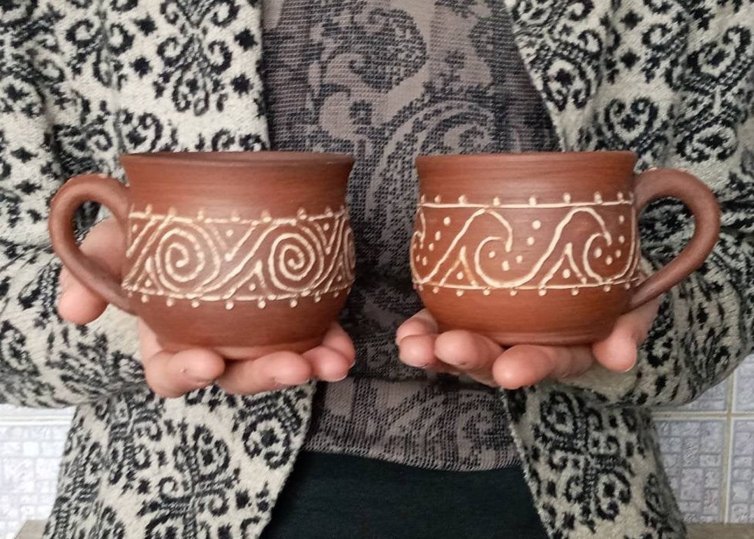 Unglazed Ceramic MUG Ornamented Tea Cup Organic Traditional Slavic