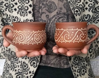 Unglazed Ceramic MUG Ornamented tea cup Organic traditional slavic pottery Terracotta red clay Handmade ceramics Coffee Handmade TEA CUP