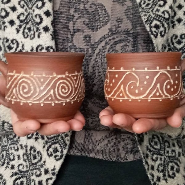 Unglazed Ceramic MUG Ornamented tea cup Organic traditional slavic pottery Terracotta red clay Handmade ceramics Coffee Handmade TEA CUP