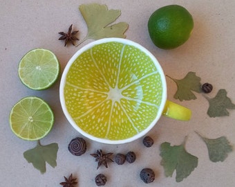 LIME FRUIT MUG Big cup Half of lime cup Handmade ceramic cup Artisan pottery Wide mug Funny cup Cute gift for a friend