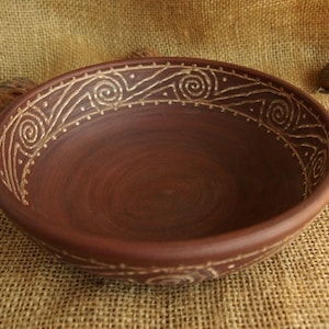 Big unglazed bowl Deep wide bowl Slavic art Handmade plate Red unglazed clay Unglazed pottery Ceramic tureen Organic & Healthy Dish  simple