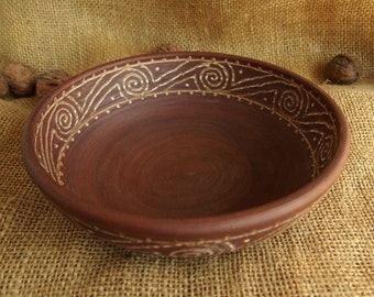 Big unglazed bowl Deep wide bowl Slavic art Handmade plate Red unglazed clay Unglazed pottery Ceramic tureen Organic & Healthy Dish  simple