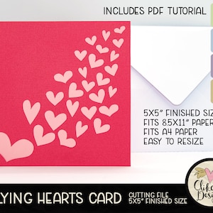 Love Hearts-kaart SVG-bestand snijden, 5" Square Flying Hearts-kaart gesneden bestand, dxf-kaart, eps, handgemaakte Valentine Hearts-kaart en pdf-zelfstudie