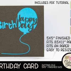 Alles Gute zum Geburtstag Karte SVG Schneidedatei, 5 "Quadrat Geburtstagskarte Schnittdatei, Dxf Karte, EPS, Handgemachte Ballon Geburtstagskarte & Pdf Tutorial
