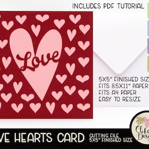 Archivo de corte SVG de tarjeta de corazones de amor, archivo de corte de tarjeta de corazones voladores cuadrados de 5", tarjeta Dxf, EPS, tarjeta de corazones de San Valentín hecha a mano y tutorial en PDF