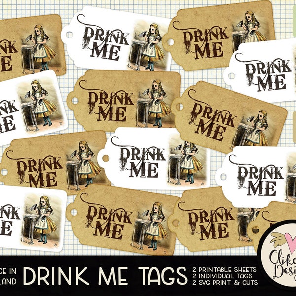 Alice In Wonderland Tags - Drink Me Tags Printable Sheet - Drink Me Tag Collage Sheet, Gift Tags, Birthday Tags, Printable Tags, Alice Tags