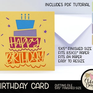 Alles Gute zum Geburtstag Karte SVG Schneidedatei, 5 "Quadrat Kuchen Geburtstagskarte Schnittdatei, Dxf Karte, EPS, Handgemachte Kuchen Geburtstagskarte & Pdf Tutorial