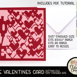 Liefdeskaart SVG-bestand snijden, 5" vierkant romantisch hart liefdeskaart gesneden SVG-bestand, dxf-kaart, eps, handgemaakte Valentine Love Svg-kaart en pdf-zelfstudie