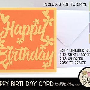 Bloemen Happy Birthday SVG-bestand snijden, 5" vierkante verjaardagskaart gesneden bestand, dxf-kaart, eps, handgemaakte verjaardagskaart en pdf-zelfstudie