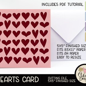 Love Hearts-kaart SVG-bestand snijden, 5" Square Flying Hearts-kaart gesneden bestand, dxf-kaart, eps, handgemaakte Valentine Hearts-kaart en pdf-zelfstudie