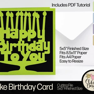 Fichier de coupe SVG joyeux anniversaire gâteau carte, 5" carré unisexe carte d'anniversaire SVG, carte Dxf, EPS, carte d'anniversaire non sexiste & tutoriel PDF
