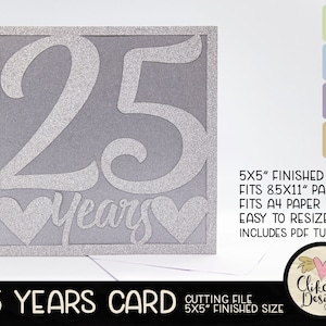 Tarjeta de 25 años de aniversario de plata Archivo de corte SVG, archivo de corte cuadrado de 5" de 25 años, plantilla PNG, tarjeta Dxf, EPS, tarjeta de cumpleaños de 25 años