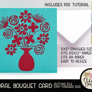 Floral Bouquet Card SVG Cutting File, 5" Square Floral Bouquet Card Cut File, Dxf Card, EPS, Handmade Floral Bouquet Card & Pdf Tutorial