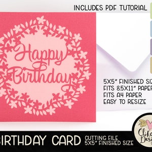 Alles Gute zum Geburtstag Karte SVG Schneidedatei, 5 "Quadrat Blumenkranz Geburtstagskarte Schnittdatei, Dxf Karte, EPS, handgemachte Geburtstagskarte & Pdf Tutorial