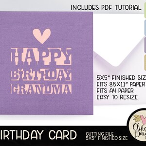 Cartão de feliz aniversário da vovó, arquivo de corte SVG, arquivo de corte de cartão de aniversário quadrado de 5", cartão Dxf, EPS, cartão de aniversário da vovó feito à mão e tutorial em PDF