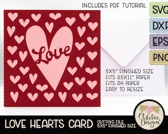 Love Hearts Card SVG Cutting File, 5" Square Flying Hearts Card Cut File, Dxf Card, EPS, Handmade Valentine Hearts Card & Pdf Tutorial