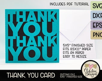 Thank You Card SVG Cutting File, 5&quot; Square Thank You Cut File, PNG Template, Dxf Card, EPS, Thanks Card & Pdf Tutorial, Handmade Thankyou